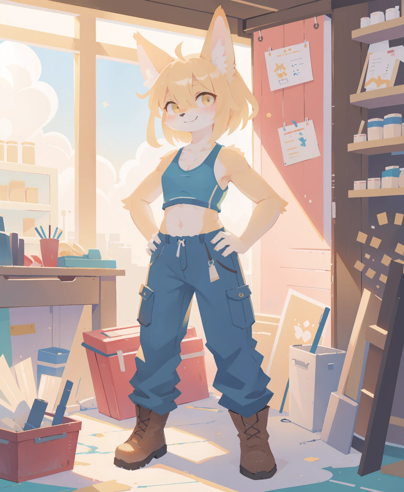 1girl, solo, workshop, tools, toolbox, wrench, baggy pants, sports bra, hands on hips, boots, looking at viewer, blonde hair, short hair, smile, (best quality, masterpiece, illustration, ultra-detailed:1.3), (anthro, furry, kemono:1.3)