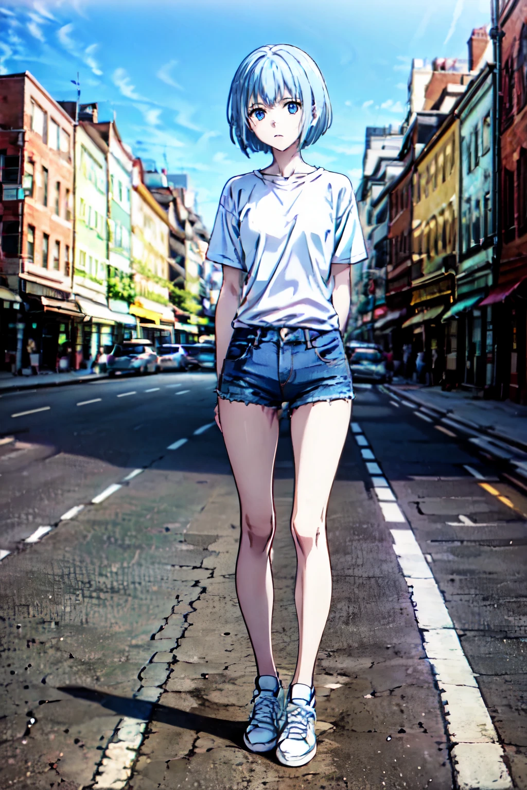 (masterpiece，Highest quality)，Evangelion，Very ，Rei Ayanami，，Very short stature，Very thin thighs，Very flat chest，Very small buttocks，Bluenette，short hair，Outside the abandoned house，Beach，Micro Bikini，Urine stains，maikurobiki，barefoot，