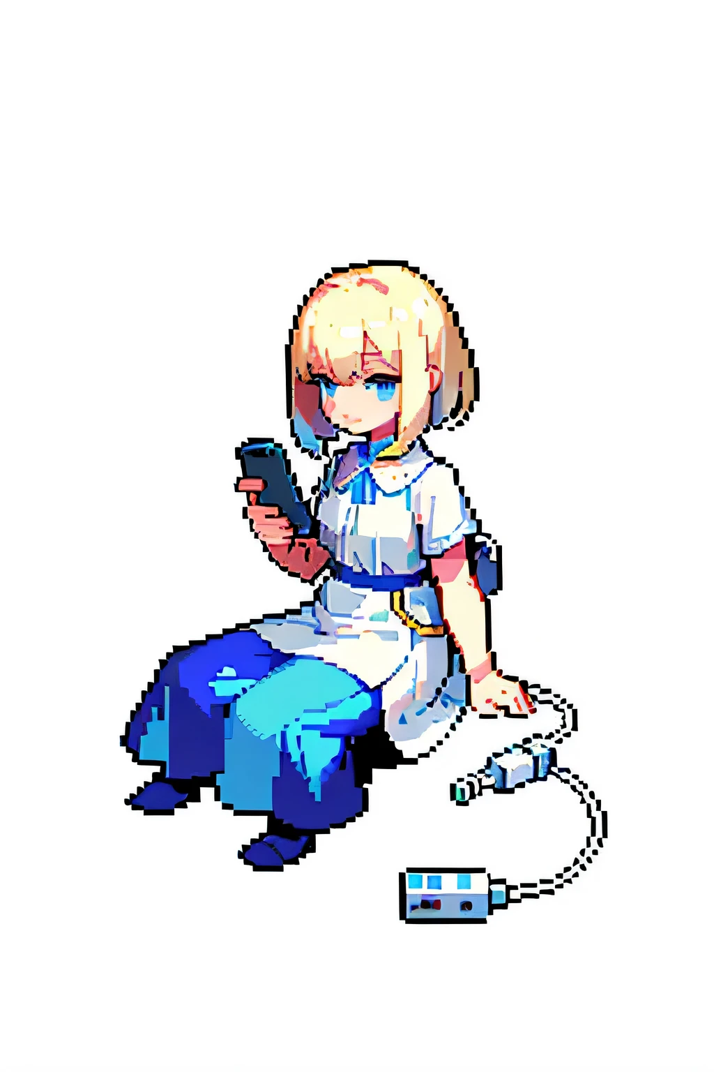 (masterpiece, top quality, best quality),pixel art,whole body, child sitting，All white solid color background , Holding charging cable in hand，plug it into your phone，The phone is charging。