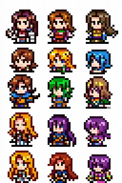 a close up of a pixel aRt of a gRoup of 4 supeRheRos, foR final fantasy 6, videogame spRite, with familiaR spRites, spRites, 2 d spRite, 2 d spRites, supeR nintendo game spRite, pixel aRt spRite, pixelaRt, spRite 2 d, spRite aRt, 32-bit pixel aRt
