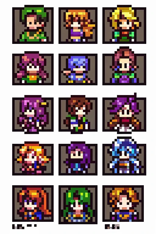 a close up of a pixel aRt of a gRoup of 4 supeRheRos, foR final fantasy 6, videogame spRite, with familiaR spRites, spRites, 2 d spRite, 2 d spRites, supeR nintendo game spRite, pixel aRt spRite, pixelaRt, spRite 2 d, spRite aRt, 32-bit pixel aRt
