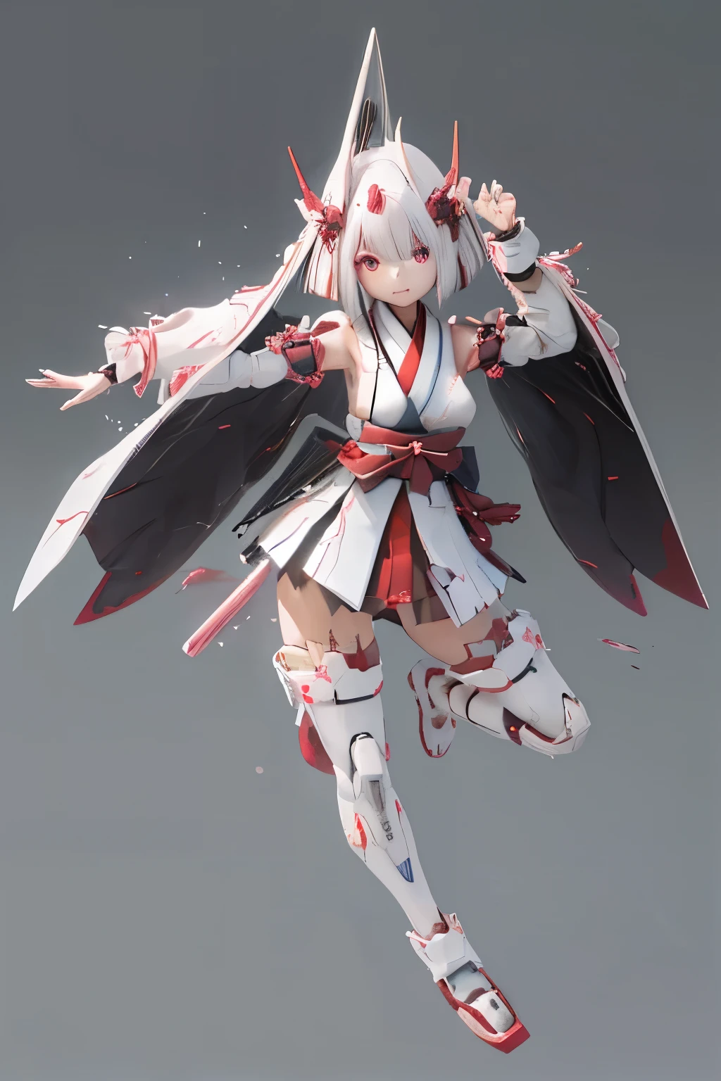(highest quality)), ((masterpiece)), (very detailed: 1.3), 3D, {(japanese young girl)}, white theme, (ware a scarlet hakama:1.2), wear shrine maiden anime costume, (She is fused with futuristic Gundam mecha:1.2), with headgear, with v-fin , armored shoulders,armored under arms, armored under legs, (holding a Japanese sword in the right hand:1.2), multilayer textureperfect proportions, octane rendering, duotone lighting, Low ISO, wide aperture, White balance, Rule of thirds, ultra HD16k, HDR (High Dynamic Range), Ray Tracing, NVIDIA RTX, Super Resolution, Subsurface Scattering, PBR Texturing, Post Processing, Anisotropic Filtering, Depth of Field, Maximum Clarity and Clarity, High efficiency subpixel, subpixel convolution, particles of light, light scattered, Tyndall effect, full body:1.5, battle pose, cute, (cute:1.2), (bob cut:1.3),三つ編み, 黒髪, 太い眉毛, 薄い色の虹彩, 大きくて輝いている黒い瞳, 長いまつげ, 小さく薄い色の自然な唇, (Average face of Japanese idols), (日本人特有の童顔:1.3), (), 広いおでこ:1.2, ふっくらした頬, 小さな顎, visible side boob, broken streets, Broken City,looking at viewer,Focus on the eyes, (完璧な4本の指, 親指1本),