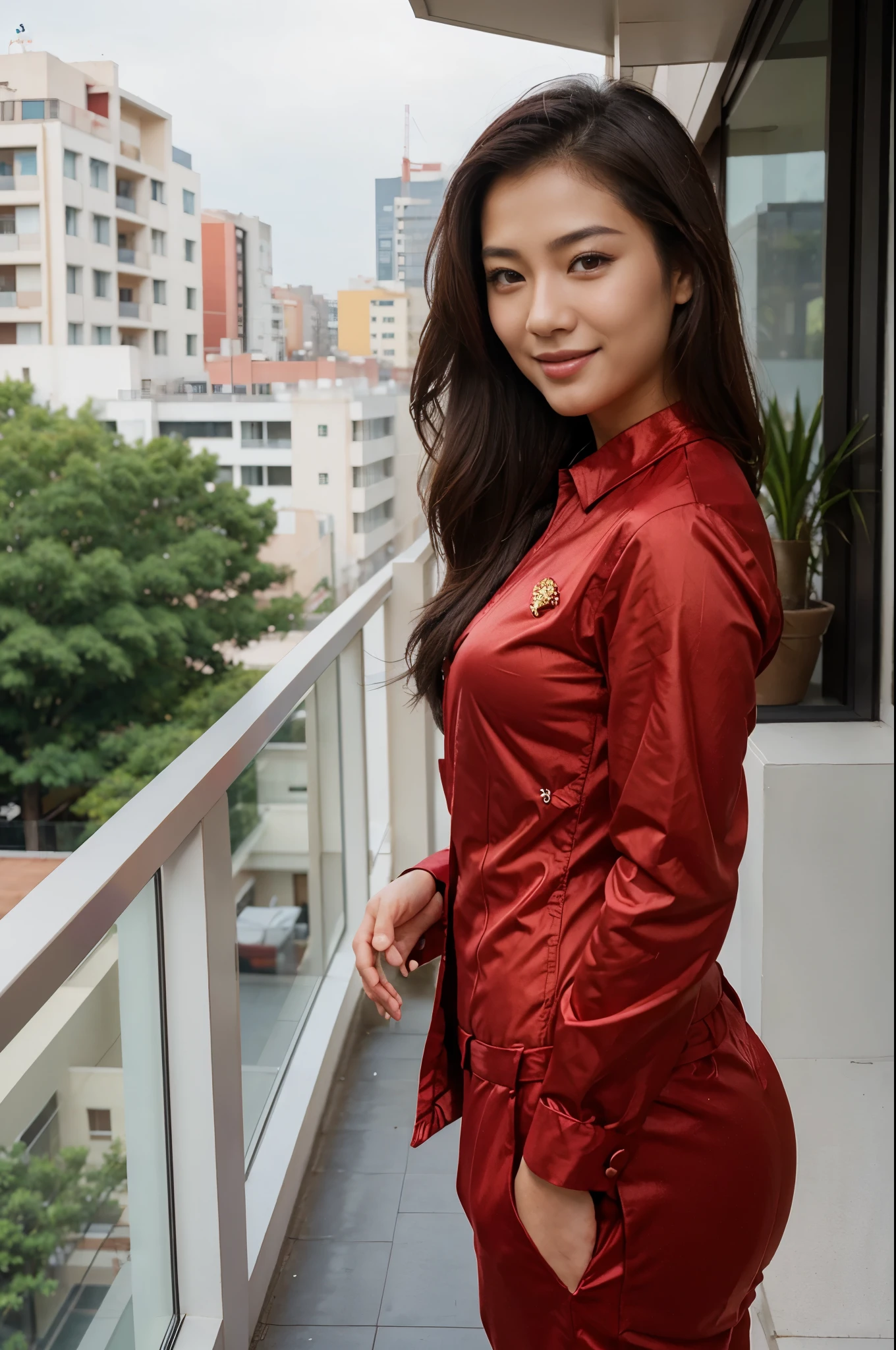 side pose of a beautiful Asian woman, wearing red suit, brown eyes, beautiful eyes, Asian skin, medium black hairs, smiling and standing in her balcony, realistic skin texture, realistic photography