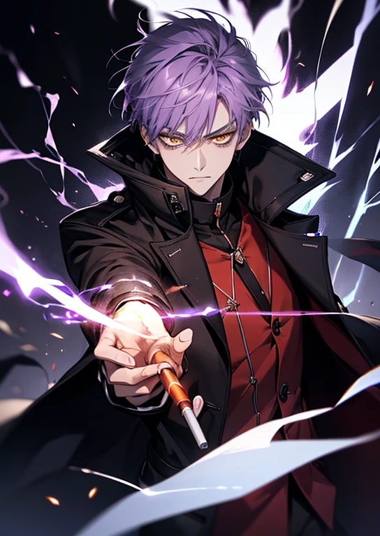1 boy 20 years old, aura, Bilibili, Black_Background, Yellow_Eyes, Blue_fire, Blurry, cigarette, purple hair, angry, coat, krystal, electricity, energy, blazing, _Bland_Eyes, high_Collar, Holding, Holding_cigarette, Lightning, long_sleeves, up looking_で_viewer, Magic, Man's_Focus, Black_and_Red_coat, It features a simple_Background, Solo, The upper part of the body_Body, white_