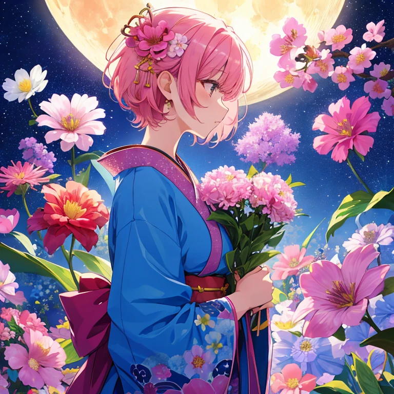 huge moon、1 girl, alone, short hair, hair ornaments, jewelry, kimono, Upper body, flower, pink hair, hair flower, necklace,, profile, pink flower, blue flower, abstract, 鮮やかはflower、flowerが舞う、リアルなflower
