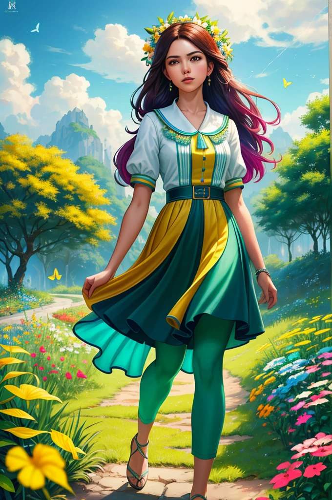 obra de arte, melhor qualidade, alta qualidade, extremamente detalhado cg unity 8k wallpaper, An extremely colorful and purely fantastic environment with vibrant tones and a bright sky, paisagem de grama verde brilhante, colorful trees, Frutas brilhantes, e flores roxas brilhantes. the streams are a deep shade of green, and the air is full of sweet, exotic scents. the environment seems to have come out of a surreal dream, with luminescent butterflies and giant colorful birds flying around, fotografia premiada, Bokeh, profundidade de campo, HDR, florescer, chromatic aberration ,fotorrealista,extremamente detalhado, trends on artstation, trends at CGSociety, Intricado, alto detalhe, melhor qualidade, alta qualidade, dramatic, arte no meio da jornada