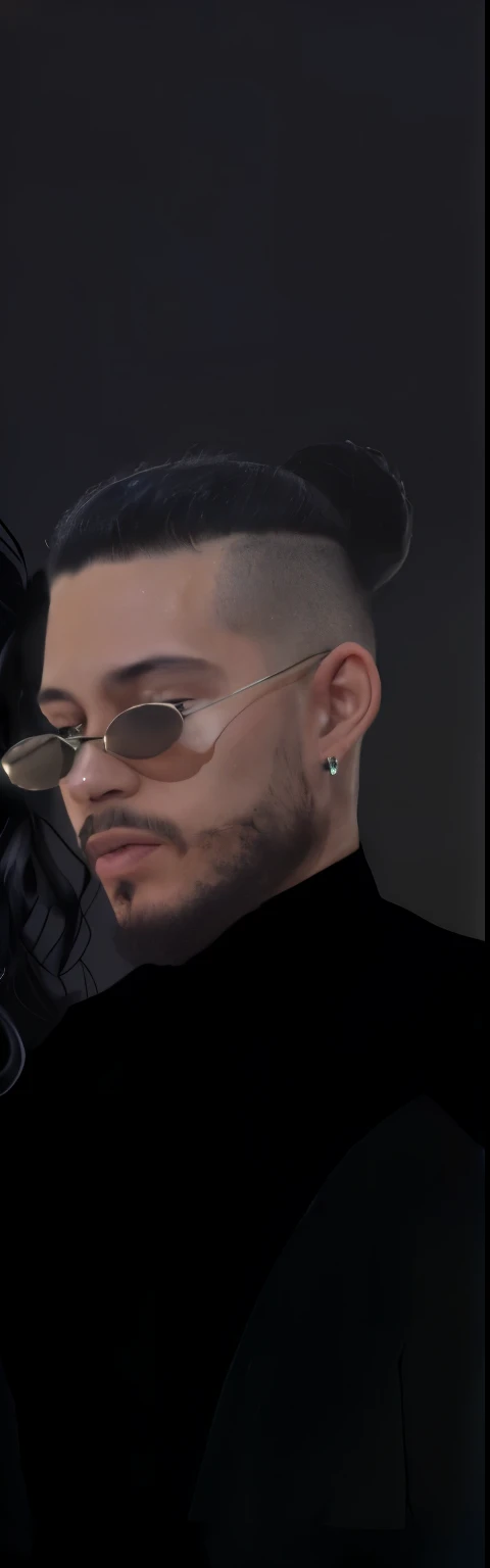 handsome 20-year-old boy, samurai bun hair with gradient sides, beard, he is wearing a black high-neck blouse with long sleeves, and is wearing a black earring, he is also wearing small thin model sunglasses, close-up on the bust and face, photo shoot, fashion editorial, fashion style, editorial.