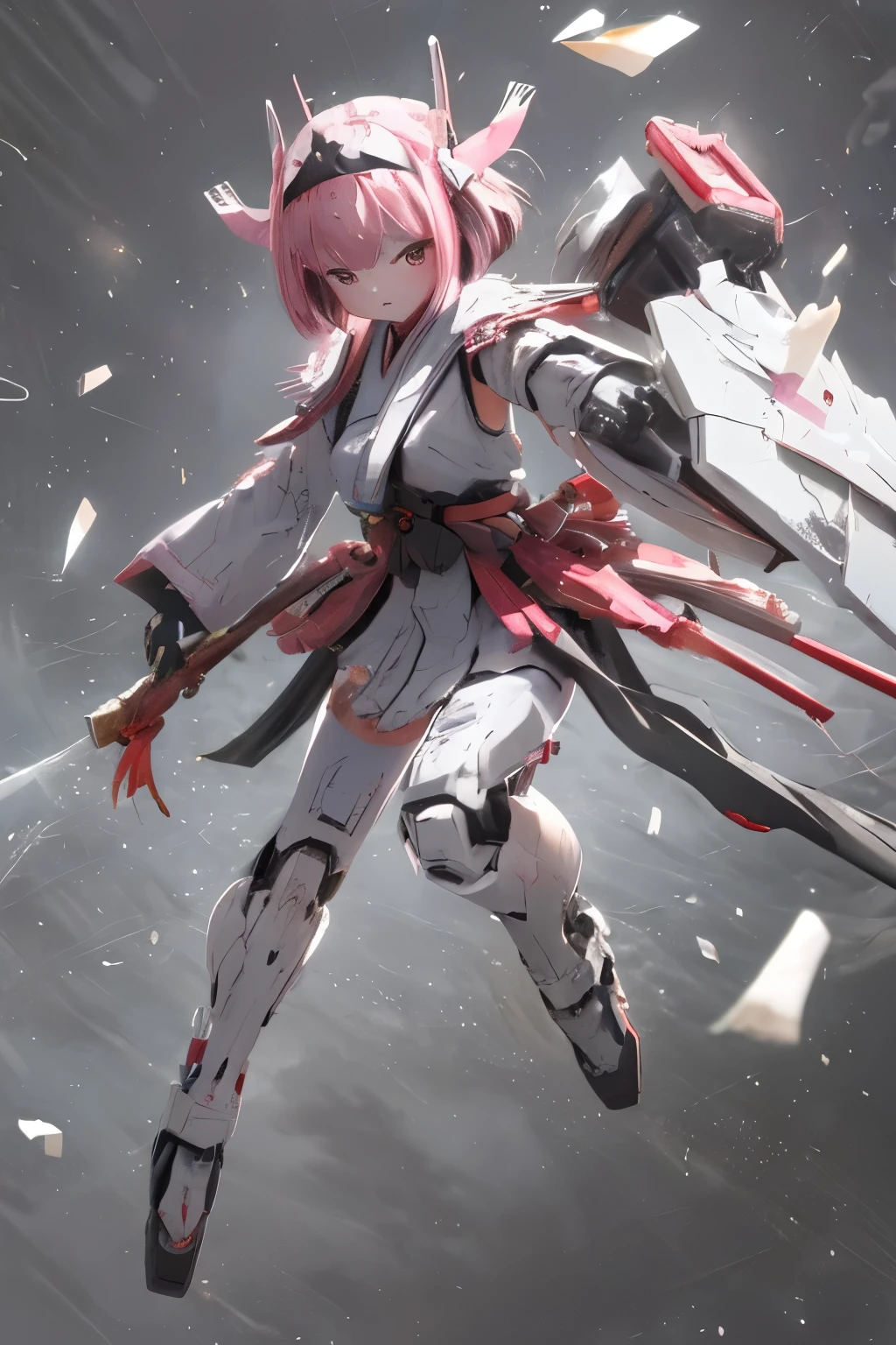 (highest quality)), ((masterpiece)), (very detailed: 1.3), 3D, {(japanese young girl)}, white theme, (ware a scarlet hakama:1.2), wear shrine maiden anime costume, (She is fused with futuristic Gundam mecha:1.2), with headgear, with v-fin , armored shoulders,armored under arms, armored under legs, (holding a Japanese sword in the right hand:1.2), multilayer textureperfect proportions, octane rendering, duotone lighting, Low ISO, wide aperture, White balance, Rule of thirds, ultra HD16k, HDR (High Dynamic Range), Ray Tracing, NVIDIA RTX, Super Resolution, Subsurface Scattering, PBR Texturing, Post Processing, Anisotropic Filtering, Depth of Field, Maximum Clarity and Clarity, High efficiency subpixel, subpixel convolution, particles of light, light scattered, Tyndall effect, full body:1.5, battle pose, cute, (cute:1.2), (bob cut:1.3),三つ編み, 黒髪, 太い眉毛, 薄い色の虹彩, 大きくて輝いている黒い瞳, 長いまつげ, 小さく薄い色の自然な唇, (Average face of Japanese idols), (日本人特有の童顔:1.3), (), 広いおでこ:1.2, ふっくらした頬, 小さな顎, visible side boob, broken streets, Broken City,looking at viewer,Focus on the eyes, (完璧な4本の指, 親指1本),