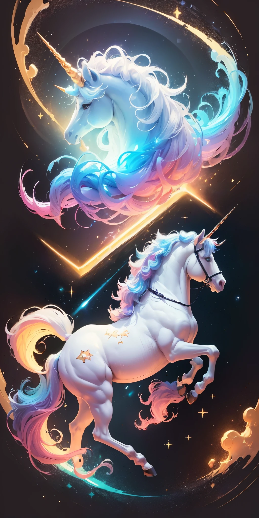 ((Top best Quality, 16k, Masterpiece: 1.5)), hologram of a proud unicorn floating in space, a vibrant digital illustration, dribbble, quantum wavetracing, black background, behance hd