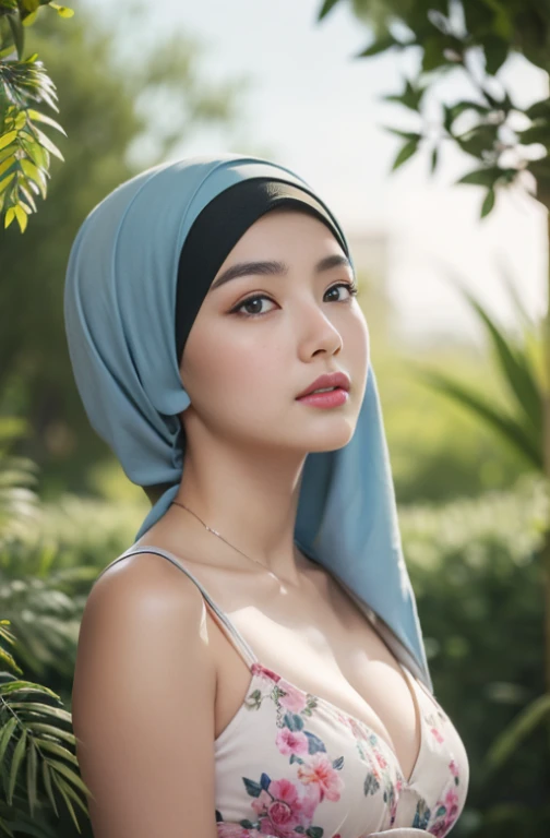 (Close-up of the painting style，Ultra HD 8K，Masterpiece grade CG wallpaper)，Cinematic lighting，cute girly，Delicate and beautiful face，Dreamy pupils，Wearing a small floral short summerdresound waist,hijabi,Bust poem,Sit，Cloudy background,the trees,florals,夏天,Chinese style buildings, cleavage, magical