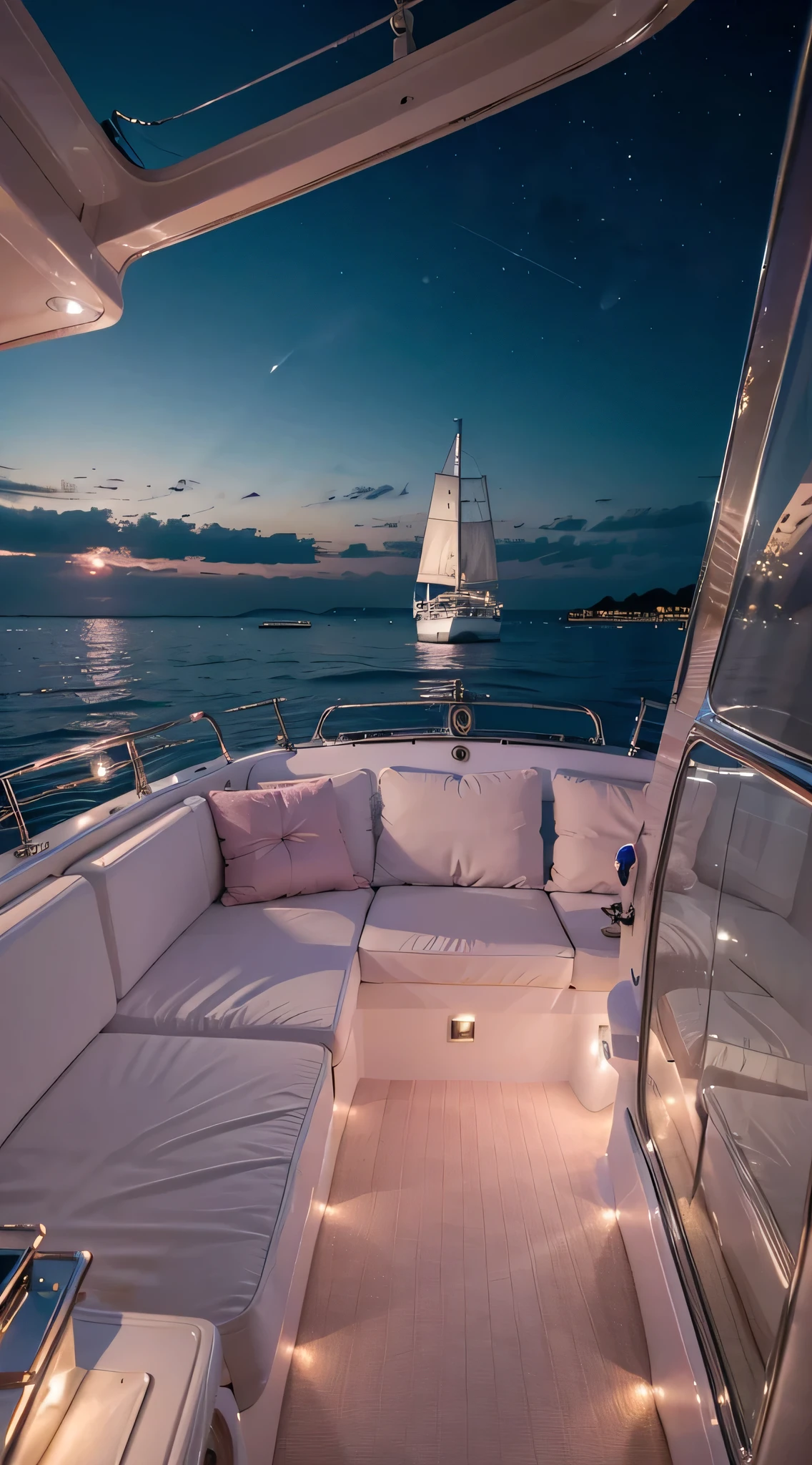 A luxurious yacht sailing on a calm evening ocean, the pastel sky painted with soft hues of pink and lavender, the yacht's deck adorned with fairy lights, creating a romantic and tranquil atmosphere, pastel colors, ultrarealistic