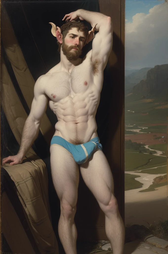 oil painting, full body, style of Daniel Gerhartz, ((a Male satyr)), chest, abs, slim waist, hairy , standing vpl, navel, shirtless, underwear, full body shot, classic painting, neoclassic style, regency era, perfect composition, canvas texture, regency style, perfect composition, canvas texture, landscape background