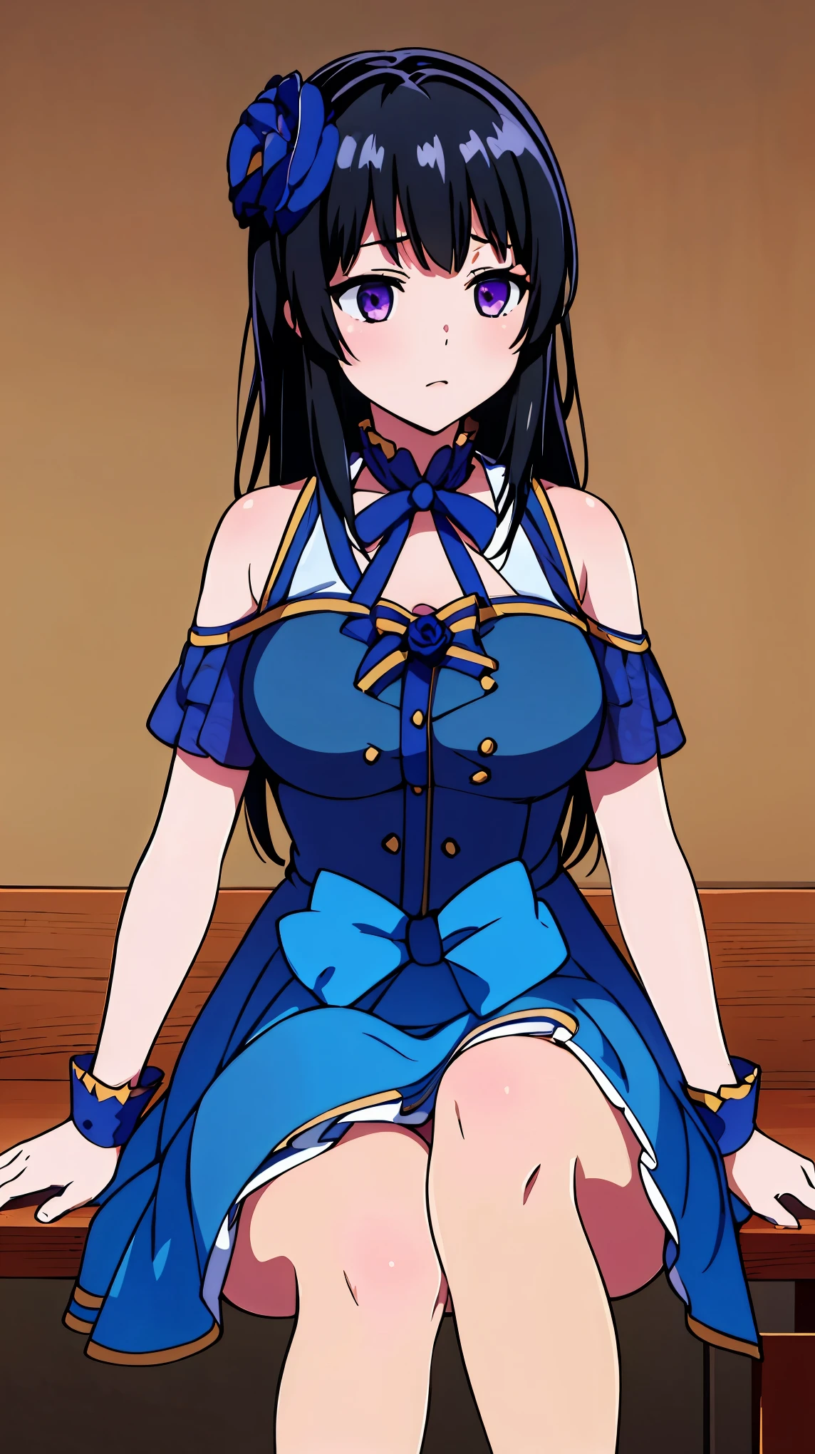 ((masterpiece, best quality)),very detailed, simple eyes,class room,1girl,(pantyhose),medium breasts,rinko shirokane , bangs, bare_shoulders, black_hair, slight worry , blue_bow, blue_dress, blue_flower, blue_rose, bow, dress, flower, hair_flower, hair_ornament, halterneck, long_hair, purple_eyes, purple_rose, rose,wrist_cuffs