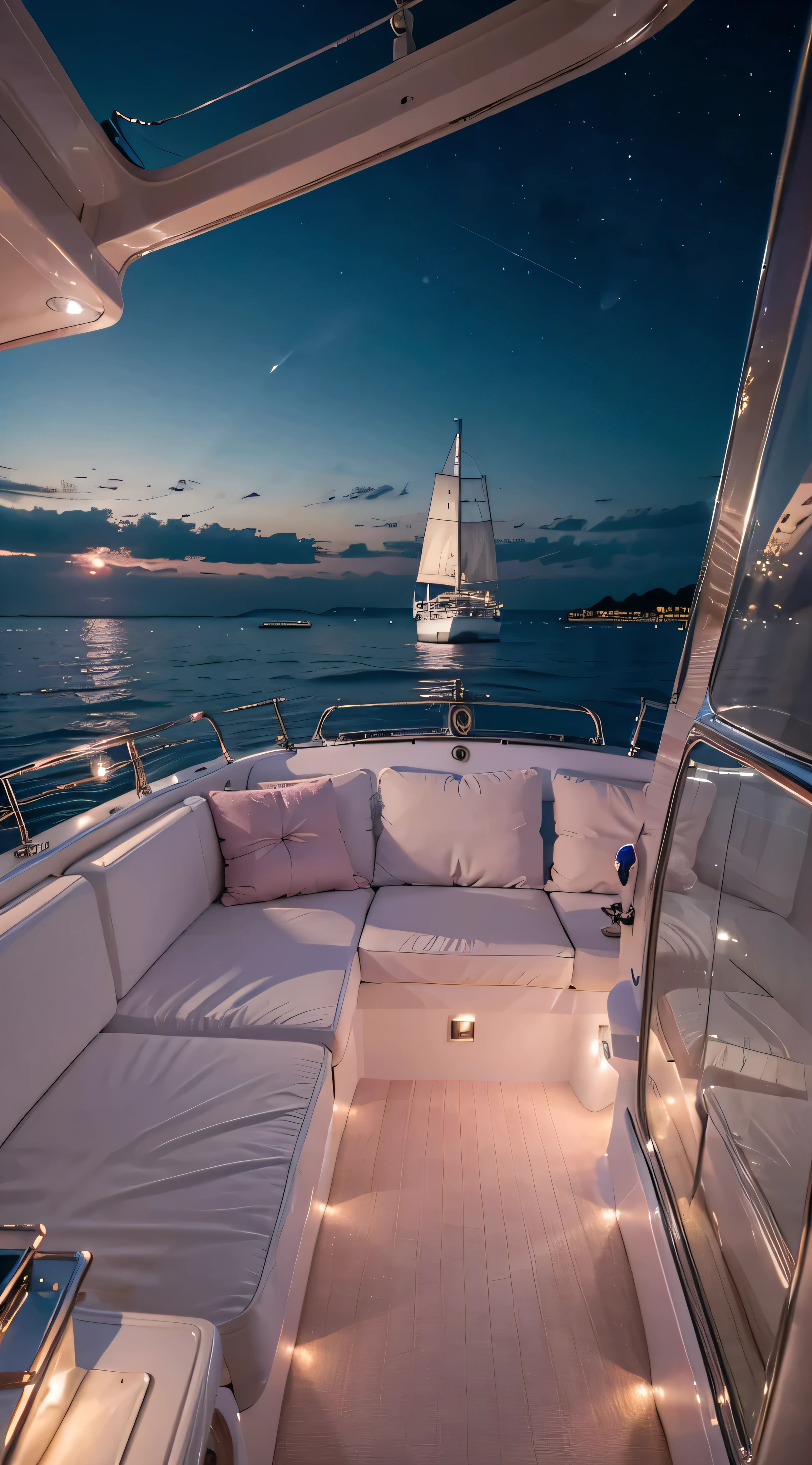 A luxurious yacht sailing on a calm evening ocean, the pastel sky painted with soft hues of pink and lavender, the yacht's deck adorned with fairy lights, creating a romantic and tranquil atmosphere, pastel colors, ultrarealistic