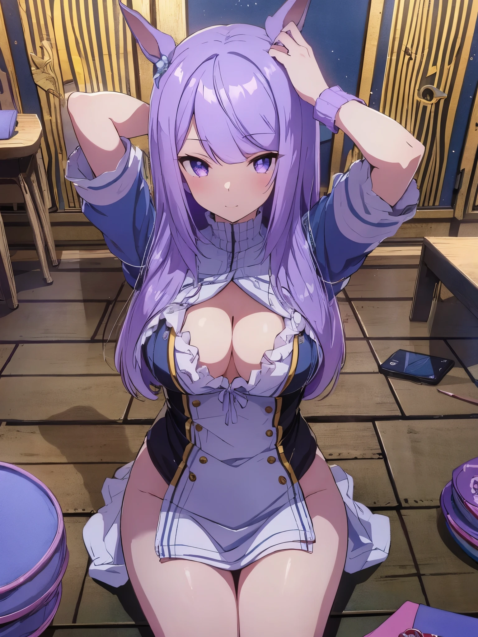 highest quality、whole body、Slender beauty、mejiromac,1girl ,straight hair、Light purple hair、swimsuit、beautiful big breasts、sit on top,highest quality,table top, Magic , Princess, adventurous girl, smile、zettai ryouiki,perfect hands,turn your arms behind your back、be quiet, From above,yoga poses、the most spectacular scenery in the world,A pose that emphasizes the chest,perfect hand、arm lock