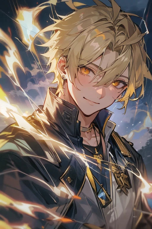 Masterpiece, absurdres, fine detail, HDR, solo, looking at viewer, smile, shirt, blonde hair, 1boy, hair between eyes, jewelry, jacket, golden eyes, upper body, male focus, earrings, necklace, ear piercing, FH , lightning mage, toned, lightning mage robe, electrical aura, early 20s,