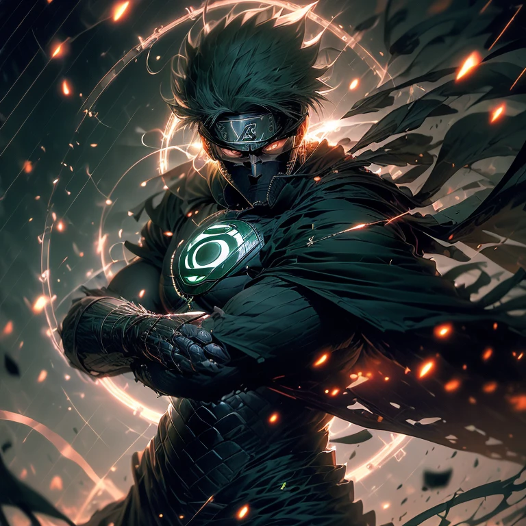 Masterpiece, Best Quality: A captivating image of Green Lantern Ronin Samurai. His emerald green lantern gleaming in the dark, intricately detailed with ultra-fine engravings. The samurai armor is a harmonious blend of Japanese traditions and Green Lantern technology, the metal surface meticulously detailed, exhibiting a vibrant green sheen. His facial features are finely detailed, showcasing emotion and intensity. The samurai swords by his side shimmer with the same green energy, ultra-detailed with intricate patterns and sharp edges. The background is a serene Japanese garden, surrounded by lush green foliage, beautifully rendered in ultra-high