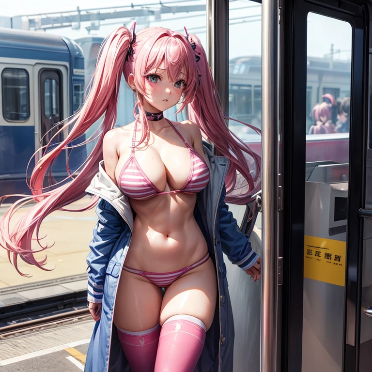 highest quality, masterpiece, pink hair、twin tails、big breasts、tits、In underwear、bra、pants、exposed、Slut、Thighhighs、long coat、Shopping mall、crowd