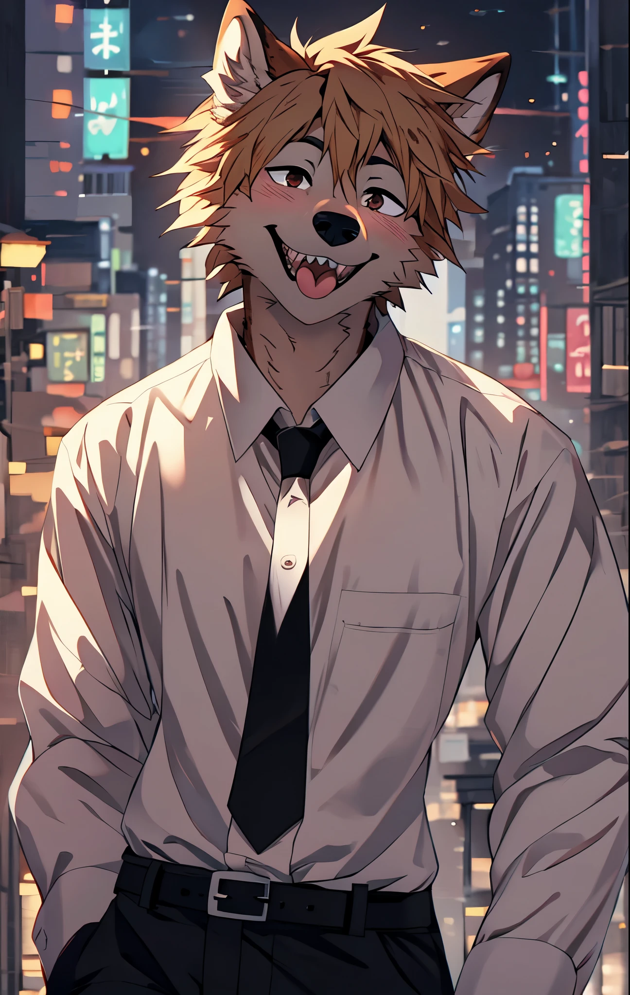 , denji, solo, by fumiko, by hyattlen, by hioshiru, brown male wolf, blonde shaggy hair, brown wolf ears, brown eyes, cute snout, black nose, mouth open, grinning,  tongue out, spikey shark teeth, smiling, wearing white button up shirt, sleeves rolled up, black pants, belt, long black tie, in a beautiful Tokyo city, 