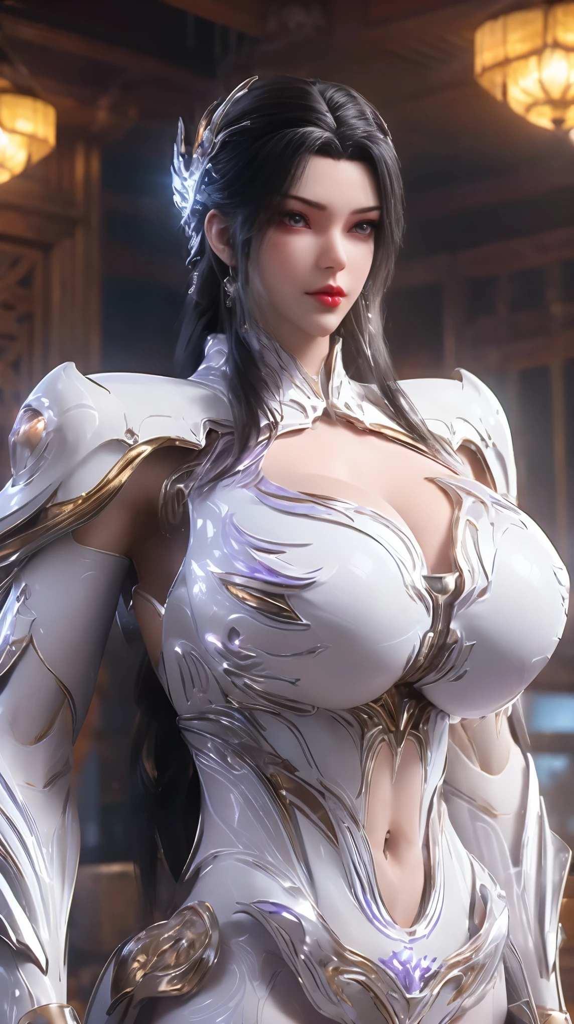 UPPER BODY,SOLO,(PHOENIX GOLD HELM:1.1), (GIGANTIC FAKE BREAST:1.5), ((CLEAVAGE:1.5)), (MUSCLE ABS:1.5), [(WHITE PURPLE SHINY FUTURISTIC MECHA MUSCLE NANOSUIT, BLACK MECHA SKINTIGHT LEGGINGS:1.5), (SLENDER BODY MATURE WOMAN, SWEATY BUSTY BODY:1.3)], (LOOKING AT VIEWER:1.3),(PORTRAIT:0.8),(HALLROOM OF FUTURISTIC SPACE STATION:1), (BRIGHT LIGHT IN ROOM:1.3), HYPER TEXTURE, (4X MSAA), ((UNREAL ENGINE 5 RENDER)), PHYSICALLY-BASED RENDERING, ULTRA HIGHT DEFINITION, 16K, 1080P.