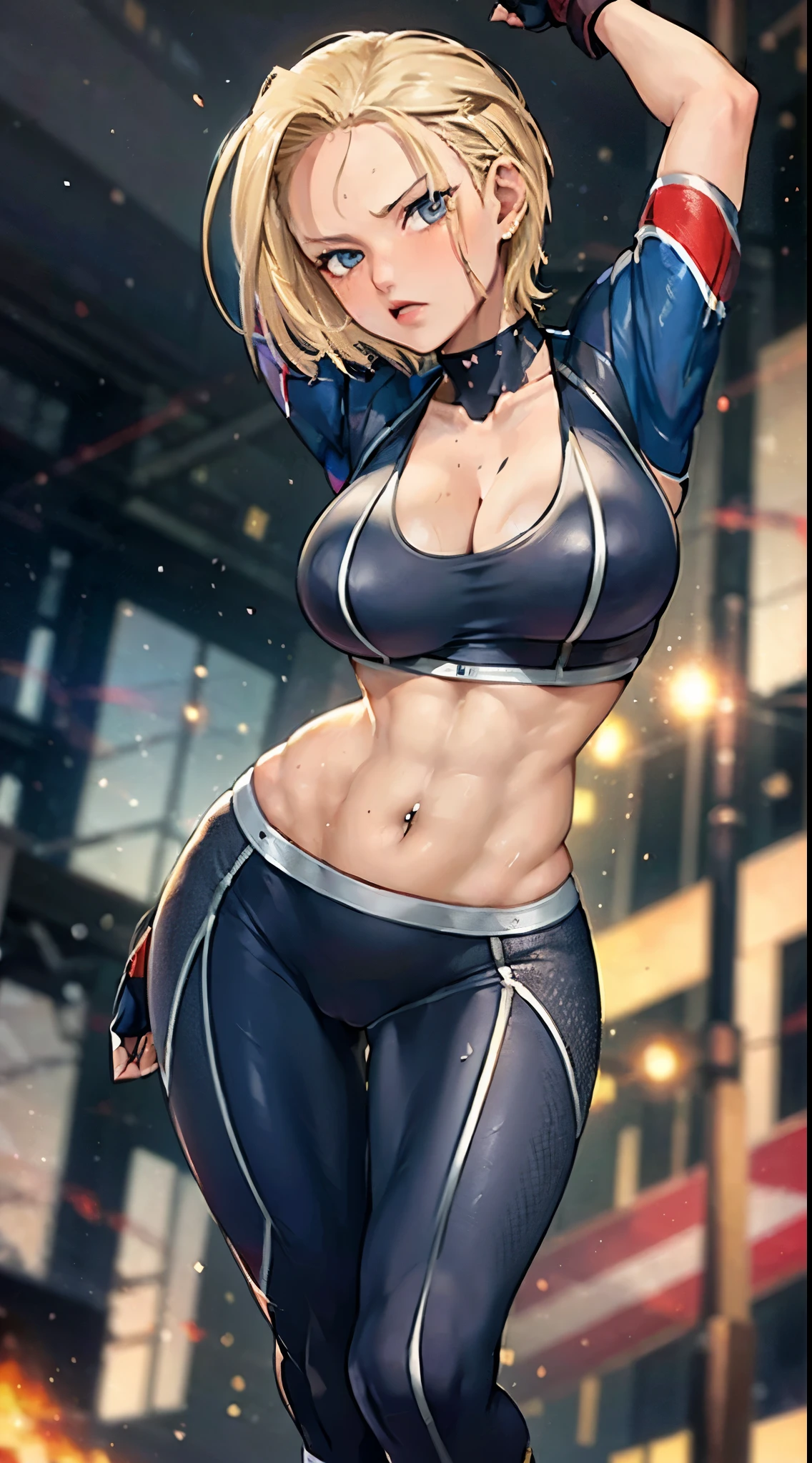 Cammy ((short blonde hair)) ((hourglass shape)) ((cleavage)) ((workout clothes))