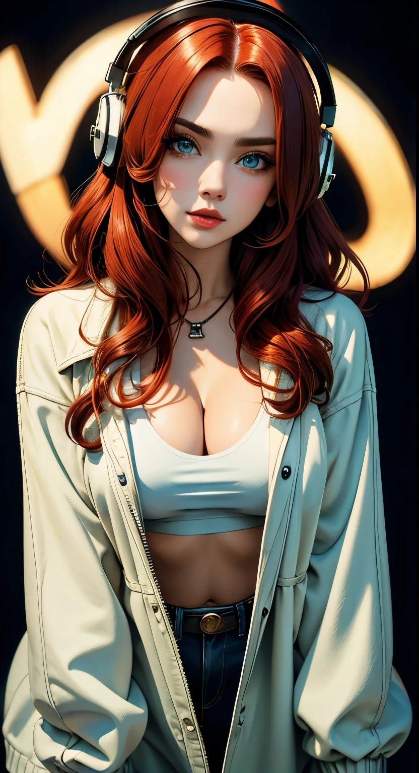 Beautiful woman, red hair, blue eyes, large perfect snoopy breast, cleavage, highly detailed, white jacket, black crop top, vintage, dark fantasy, cowgirl, western style, headphones,