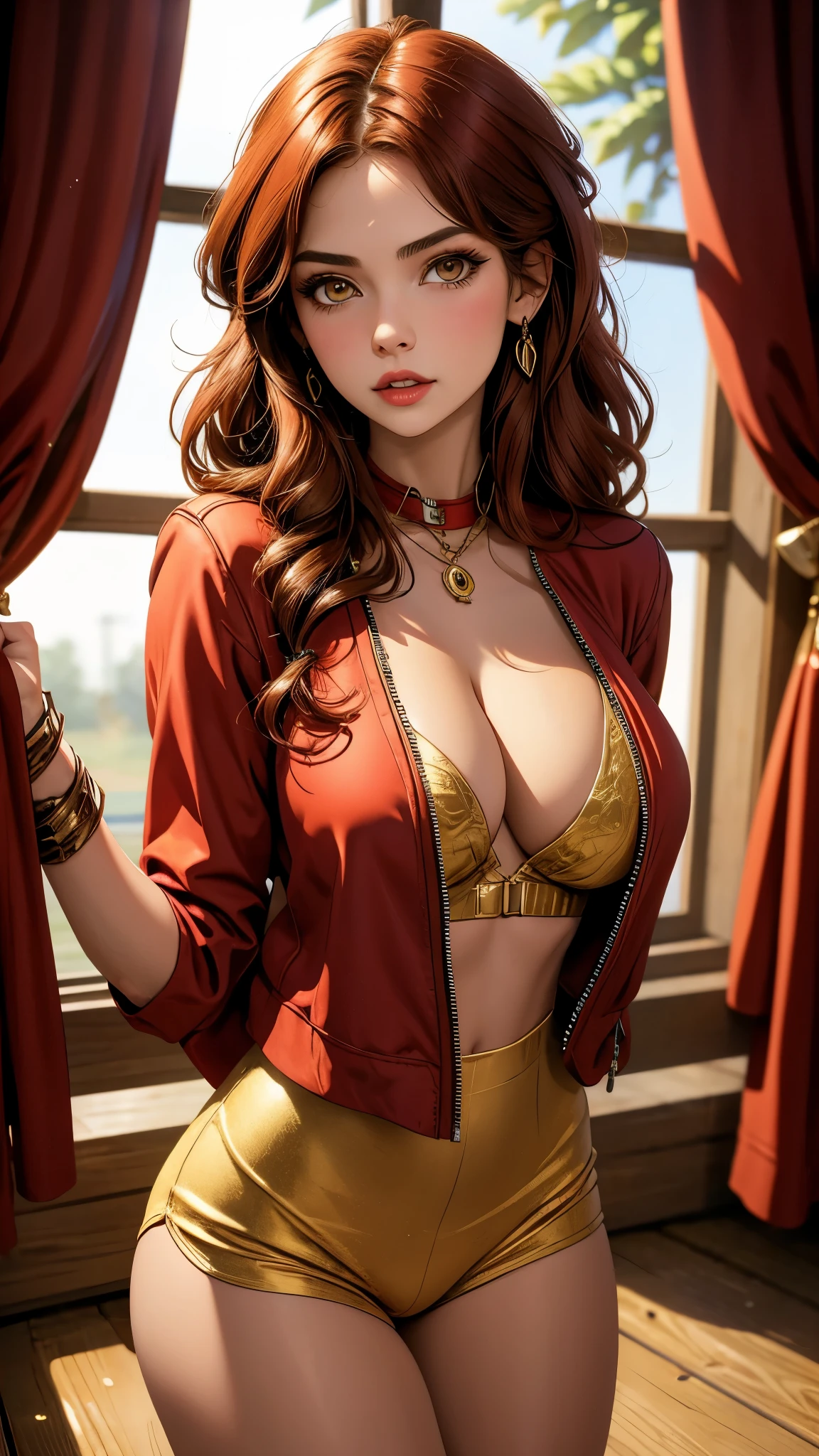 Beautiful woman, red hair, brown eyes, large perfect snoopy breast, cleavage, highly detailed, west background,, vintage, dark fantasy, cowgirl, western style 