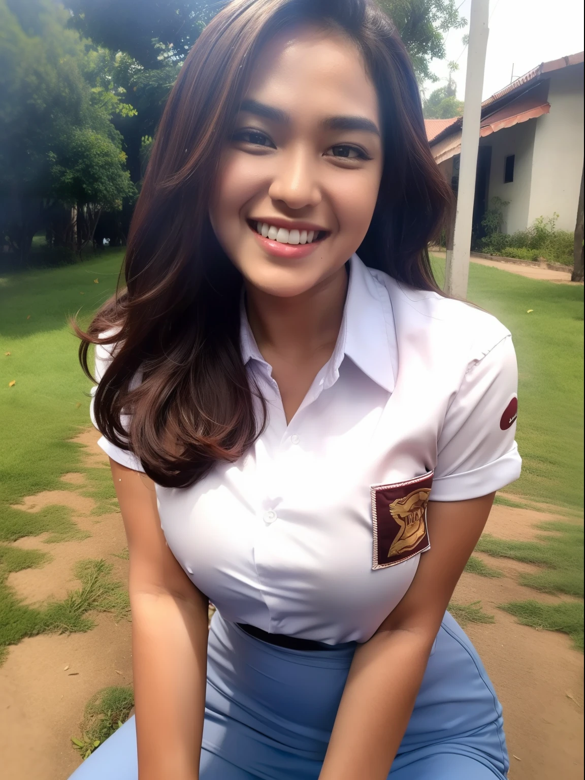 1girl, (Indonesian_high_school), outdoors, detailed face, detailed eyes, huge breasts, shiny skin, looking at the audience, (laughing cute: 1.2), (happy), (8k, RAW photo, best quality, masterpiece: 1.2), (realistic, realistic: 1.37), ultra-high resolution