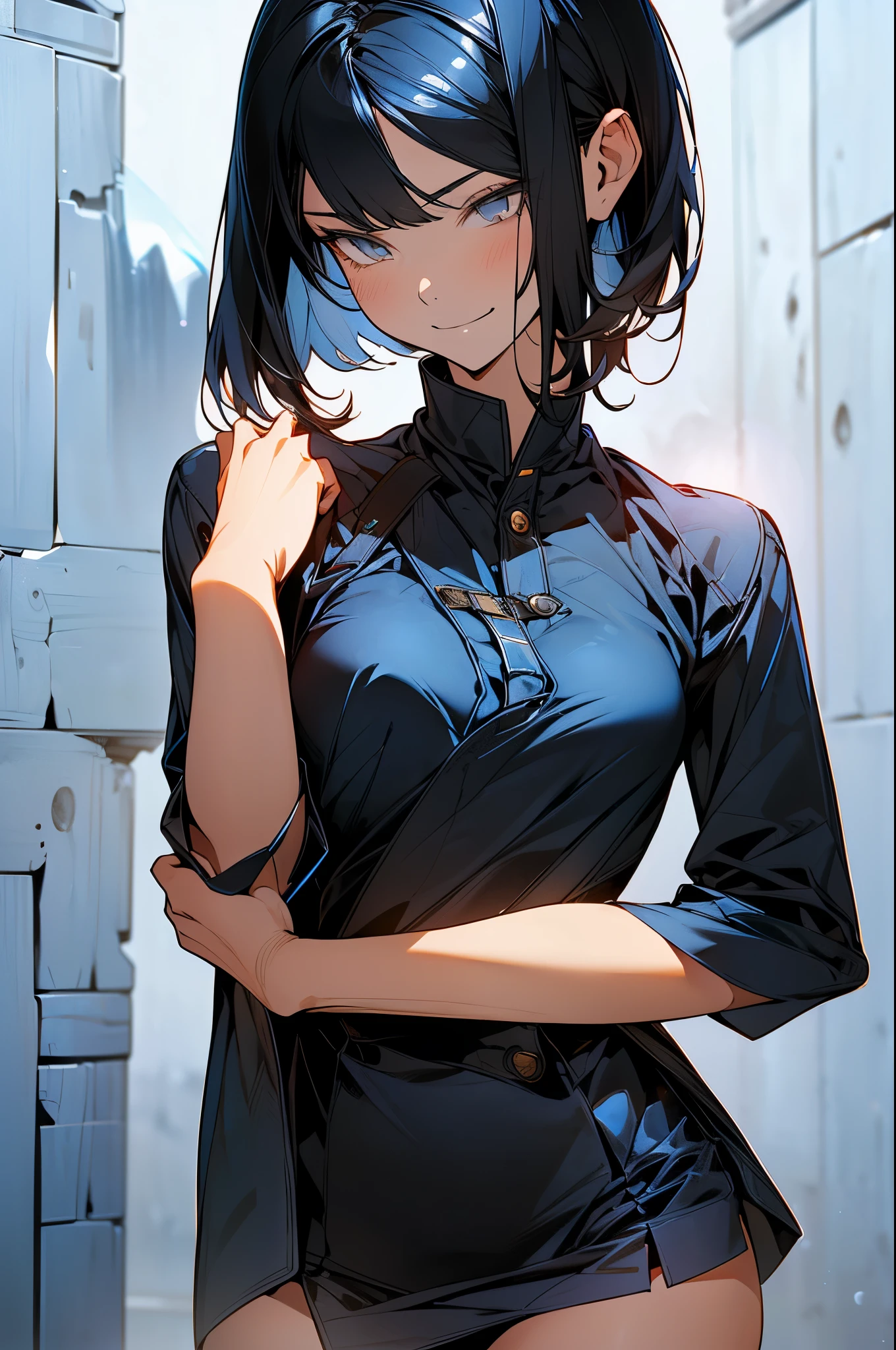 masterpiece,(Perfect Anatomy),cowboy shot,(1woman,solo),cowboy shot,20歳の美女、black hair,short bob hair,a smile,(小さい頭:1.3,skinny:1.3,slender body,medium breasts,gleaming skin,oily skin,shiny skin),((陸軍士官正装姿、ミニスカート)),standing,陸軍基地、