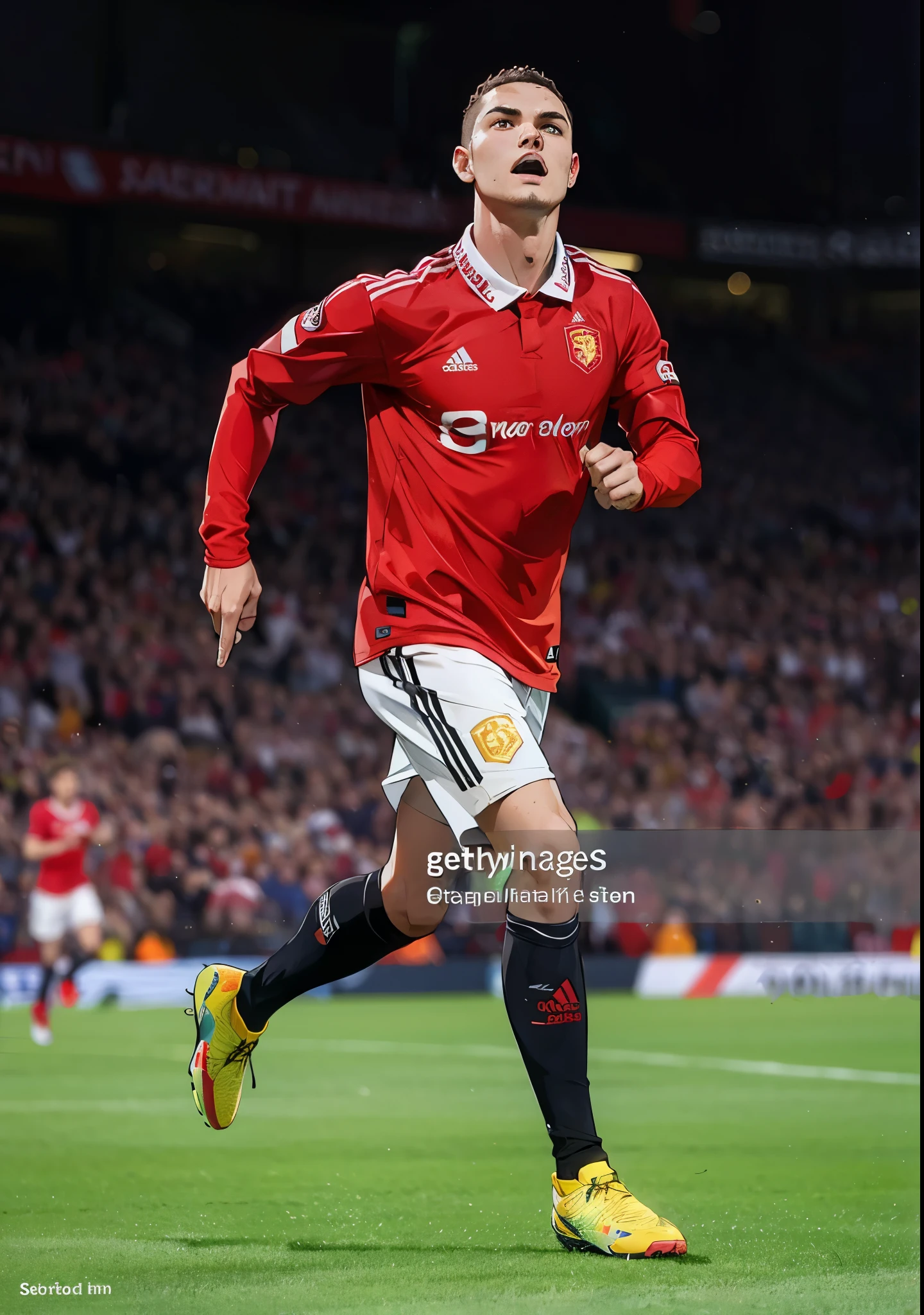 A soccer player wearing a red jersey with a yellow Adidas logo is running on the field, kicking up his foot as he goes. He appears to be in motion and focused on the game. The stadium is filled with fans watching the match.