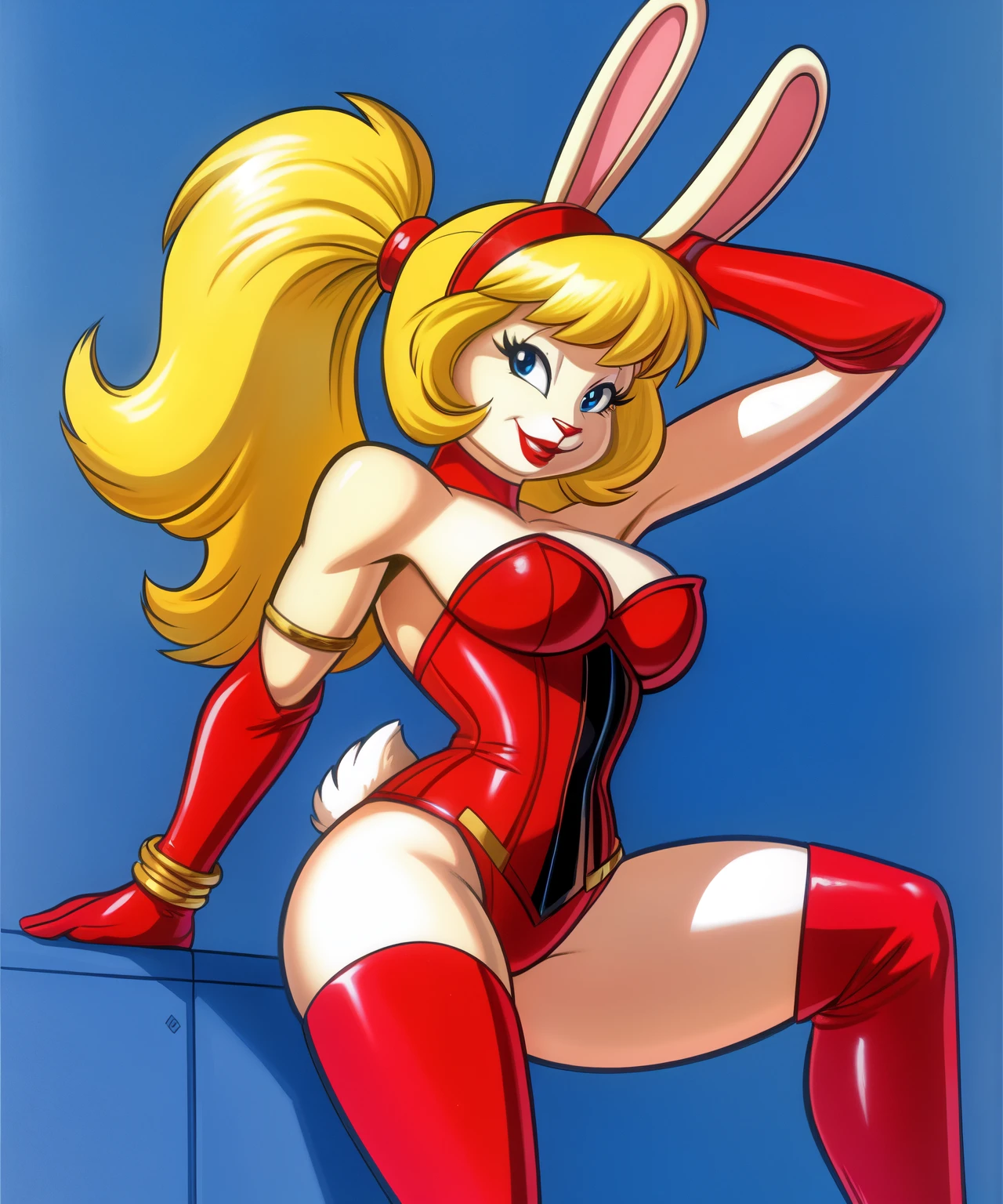 Female anthro blonde rabbit as a superhero, pink corset, red long gloves, bangle bracelet on her left arm, red boots, red lipstick, yellow ponytail hair, rabbit ears, pink helmet, 1980’s cartoon