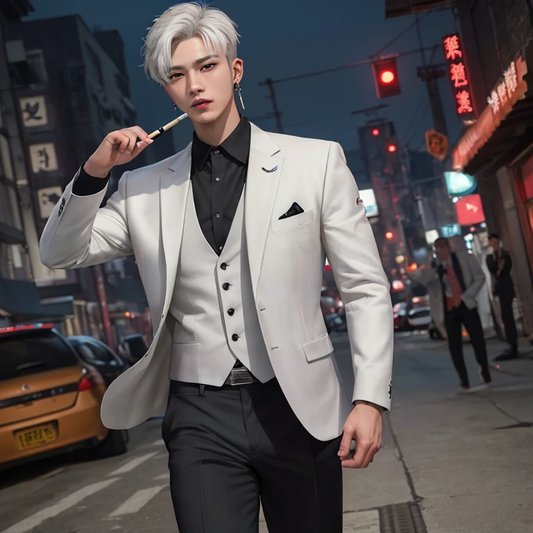(8k photo, best quality, masterpiece:1.2),(realistic, photo-realistic:1.37) young ,handsome man, Mark Tuan, Got7, white skin, detail face, grey bright eye, white hair, black suit, bad boy, yakuza, tattoo, smoke cigarrate, a lots gangster night town in backdrop, action pose, skull earring, necklage,