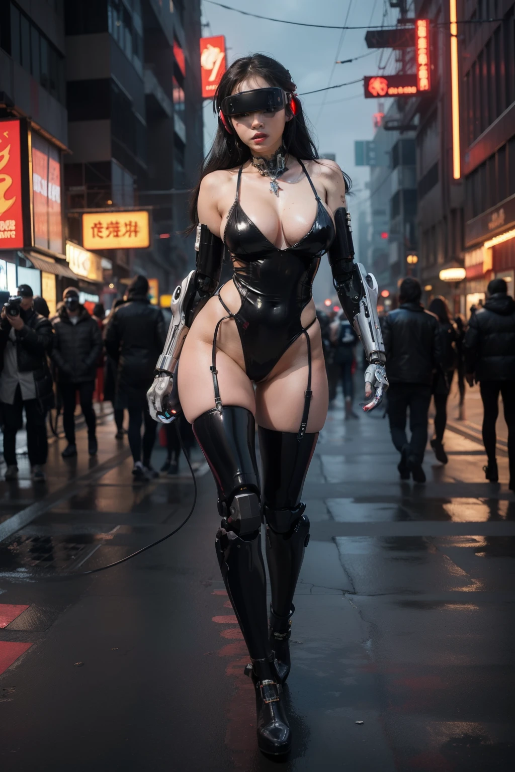 ((best quality)), ((masterpiece)), (detailed), (((perfect face))), 8k, (((hot cyborg robot human asian girl))), (((there is a cyberpunk night city in the background))), ((big )), ((sexy red latex lingerie)), (((detailed face))), perfect body, ((good anatomy)), (((big tits))), (((black long hair))), (((her eyes are covered by a black carbon VR Gaming Headset))) , (((full body))), high heels platform boots, model pose