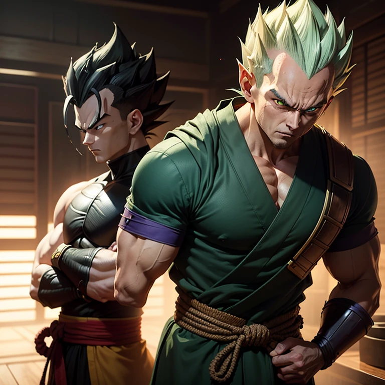 Vegeta, once a proud Saiyan warrior, now wanders the land as a Ronin Samurai. Draped in a tattered, dark green kimono, his sharp features are hidden beneath a traditional samurai mask. With his long, spiky green hair tied back, he cuts an imposing figure. His piercing green eyes, now filled with a sense of longing and determination, scan the horizon. Clasping a sharp, curved sword in his hand, Vegeta embarks on a new journey, seeking redemption and purpose in this peaceful, yet unforgiving world.
