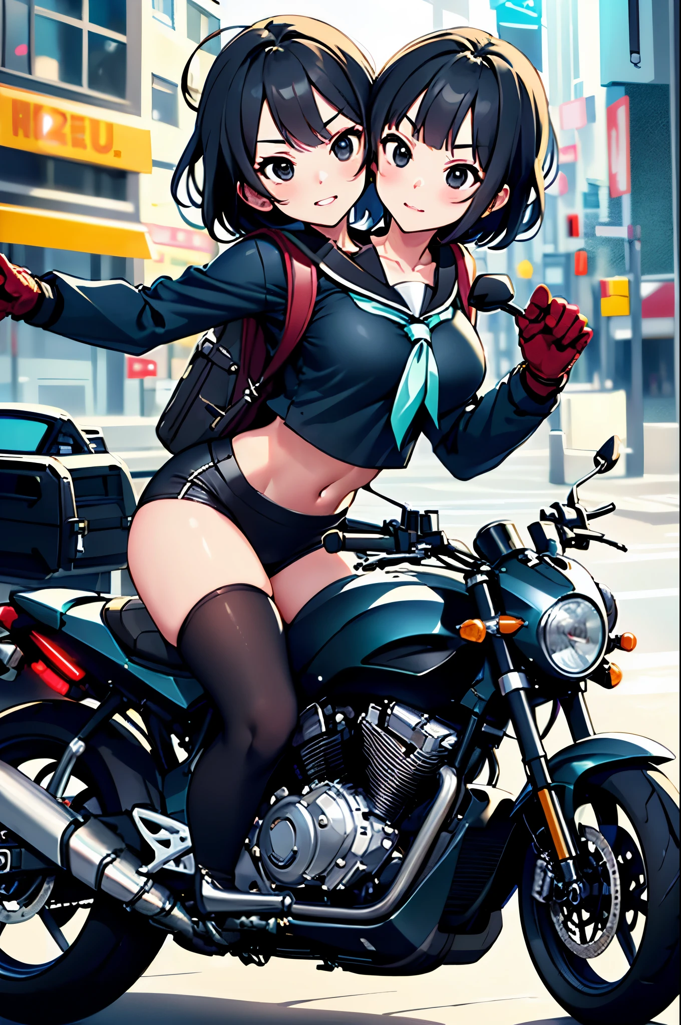 (2heads:1.5), masterpiece, best quality, 1girl, solo, jacket, , serafuku, thighhighs, wearing gloves, wearing backpack, black hair, black eyes, cyberpunk, street, machinery, motor vehicle, motorcycle, panorama, wearing helmet, speed line, depth of field, motion blur, perspective, panorama, riding, floating hair, night, neon trim, hand on hand grip,