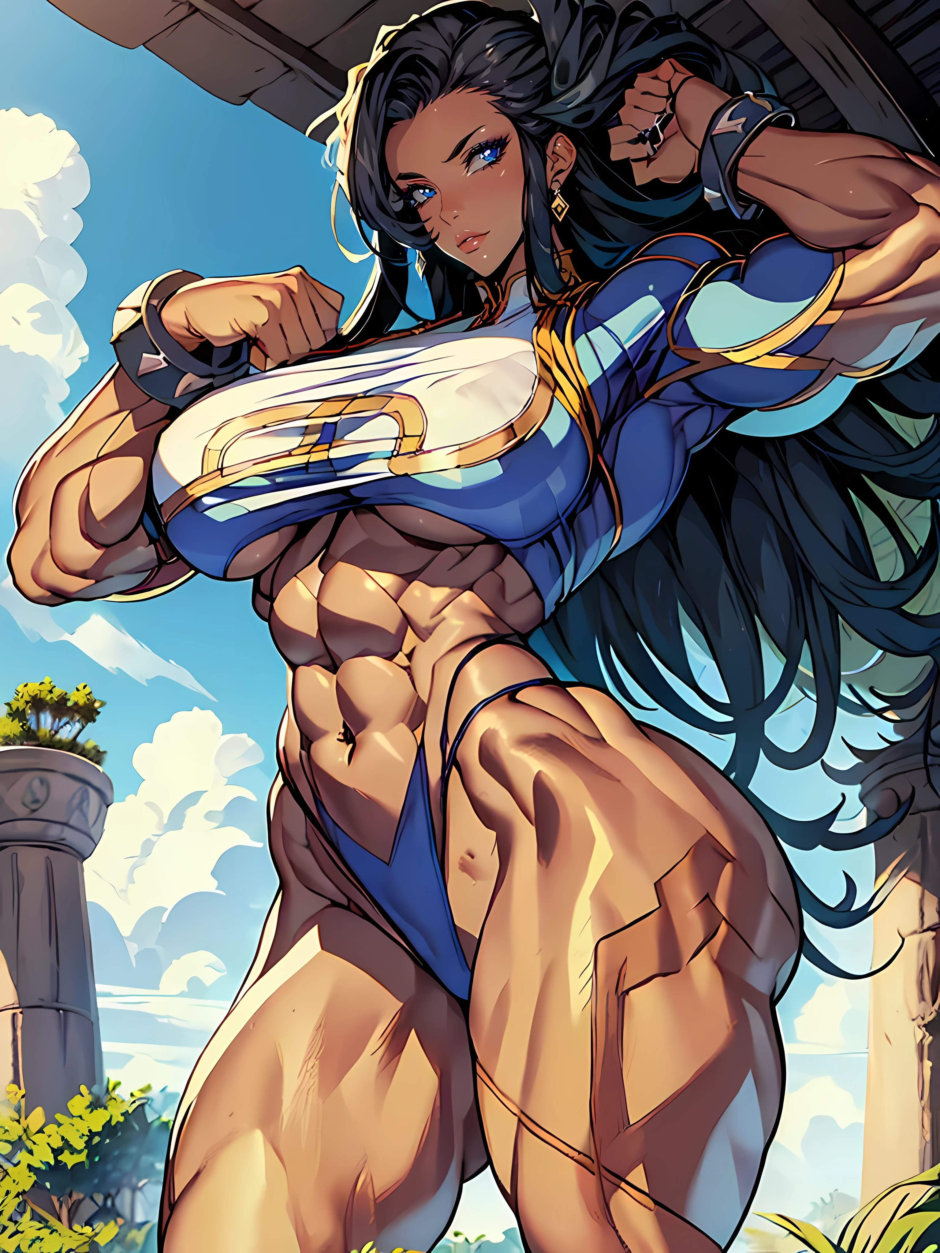 altamente detalhado, Barbarian girl with huge body and intricate tattoes with intricate background, Pintura realista, por Charles Gregory e Antonio Jacobsen e Edward Moran, (tiro longo), light blue sky, detalhes intrincados, micro bikini, erotic posing, rosto serio, ((NSFW)), (((accurate anatomy))), ((wide hips)), (((Huge breasts))), ((long legs)), (((Massive Female Bodybuilder))), ((((Muscular Legs)))), (((((Huge Muscles)))))