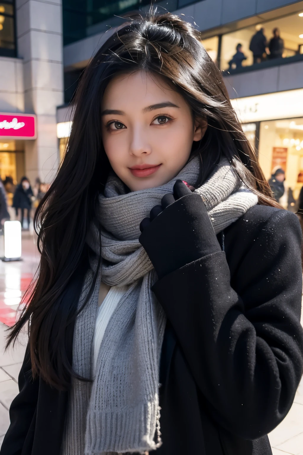 Masterpiece, top image quality, high resolution, 1 beautiful woman, heartbeat quickening, long black hair cascading down her back, winter fashion, wrapped in a thick coat, scarf around her neck, gloves covering her hands, shopping at the mall, the hustle and bustle of the holiday season around her, a sense of excitement and anticipation in her eyes.