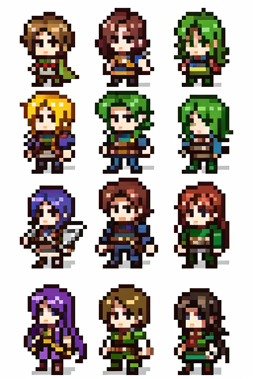 a group of four heroes, for final fantasy 6, videogame sprite, sprite, sprites, 2d sprite, super nintendo sprite, 16-bit pixel, 32 bit-pixel