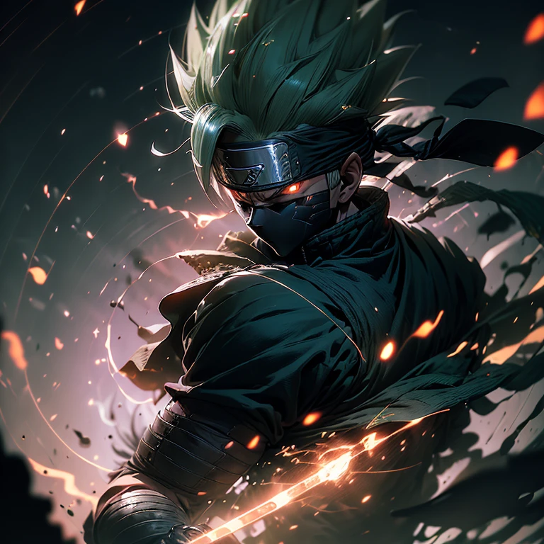 Vegeta, once a proud Saiyan warrior, now wanders the land as a Ronin Samurai. Draped in a tattered, dark green kimono, his sharp features are hidden beneath a traditional samurai mask. With his long, spiky green hair tied back, he cuts an imposing figure. His piercing green eyes, now filled with a sense of longing and determination, scan the horizon. Clasping a sharp, curved sword in his hand, Vegeta embarks on a new journey, seeking redemption and purpose in this peaceful, yet unforgiving world.