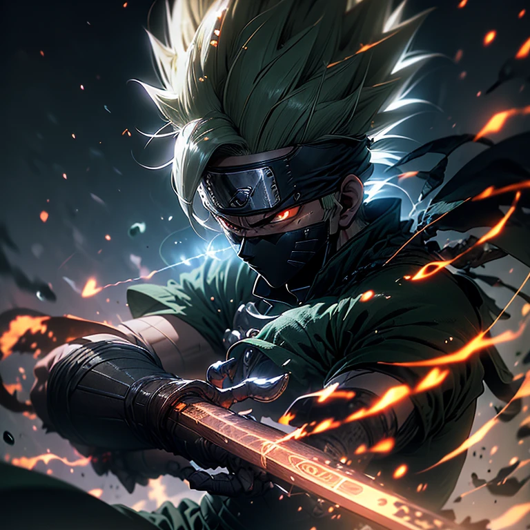 Vegeta, once a proud Saiyan warrior, now wanders the land as a Ronin Samurai. Draped in a tattered, dark green kimono, his sharp features are hidden beneath a traditional samurai mask. With his long, spiky green hair tied back, he cuts an imposing figure. His piercing green eyes, now filled with a sense of longing and determination, scan the horizon. Clasping a sharp, curved sword in his hand, Vegeta embarks on a new journey, seeking redemption and purpose in this peaceful, yet unforgiving world.