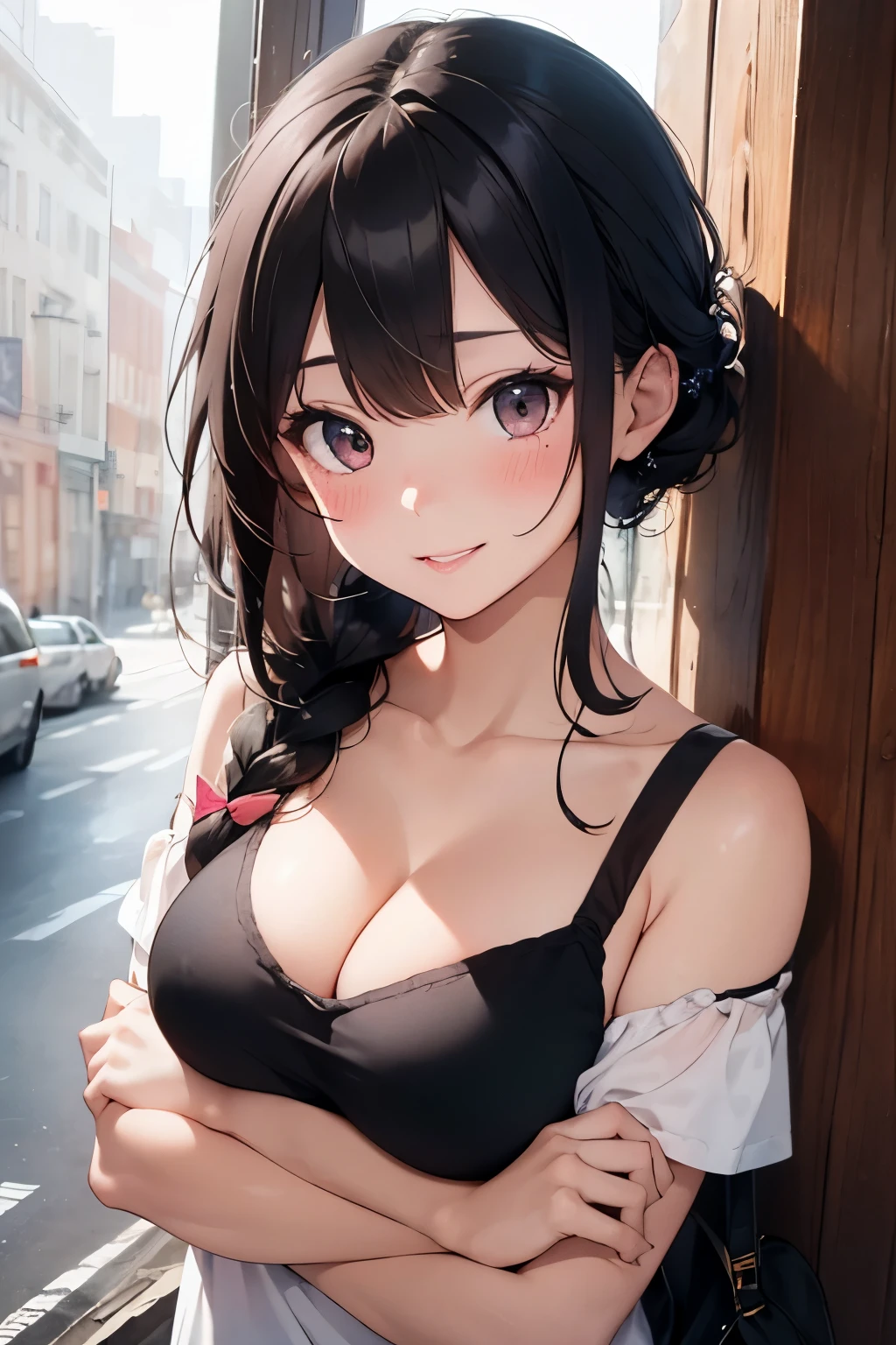 Sexy and cute woman, woman in love, black hair braided, very seductive and soft eyes, blushing hard, pink lips parted, seductive smile, long neck, collarbone, medium chest, cleavage, off shoulder t shirt, no straps, bare shoulders
