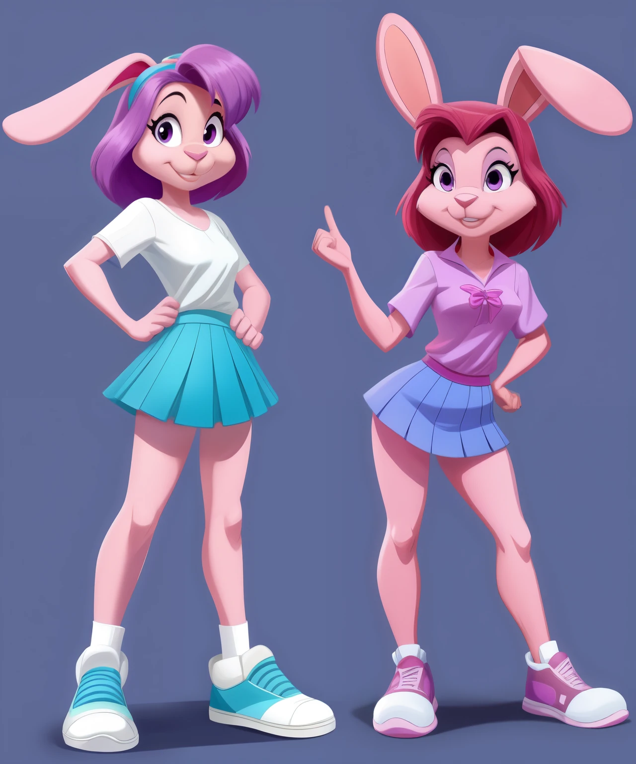 Polibius the female pink rabbit, pink fur, purple eyes, purple pink shirt, cyan and blue skirt, scarlet, purple and pink hair, sneakers, 17 years old, Disney cartoon, concept art, full body