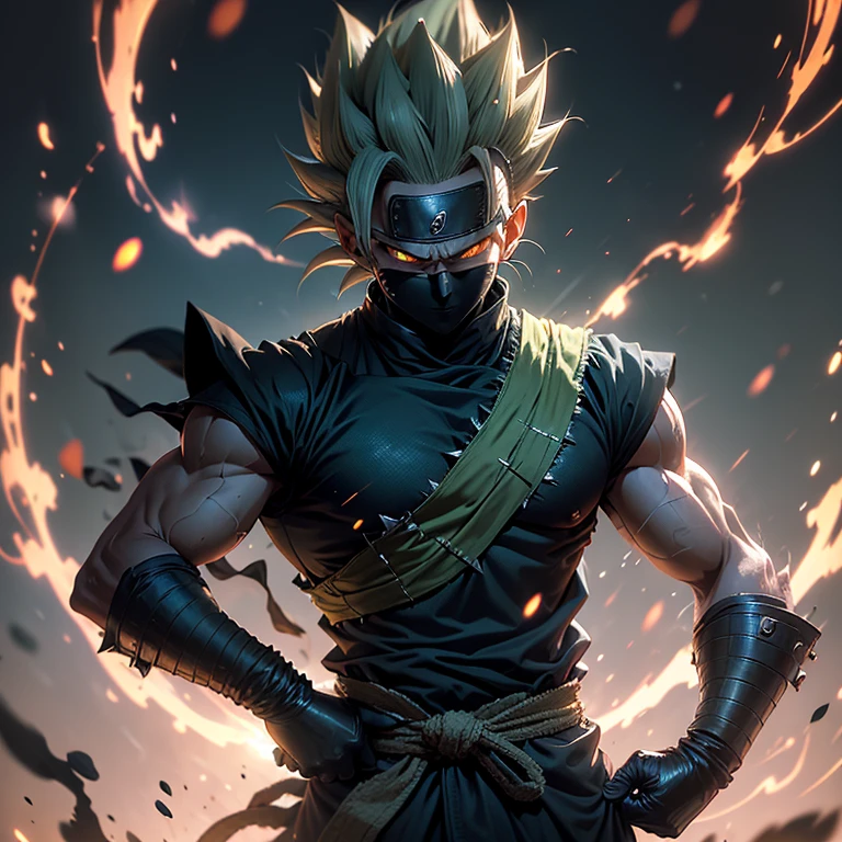 Vegeta, once a proud Saiyan warrior, now wanders the land as a Ronin Samurai. Draped in a tattered, dark green kimono, his sharp features are hidden beneath a traditional samurai mask. With his long, spiky green hair tied back, he cuts an imposing figure. His piercing green eyes, now filled with a sense of longing and determination, scan the horizon. Clasping a sharp, curved sword in his hand, Vegeta embarks on a new journey, seeking redemption and purpose in this peaceful, yet unforgiving world.