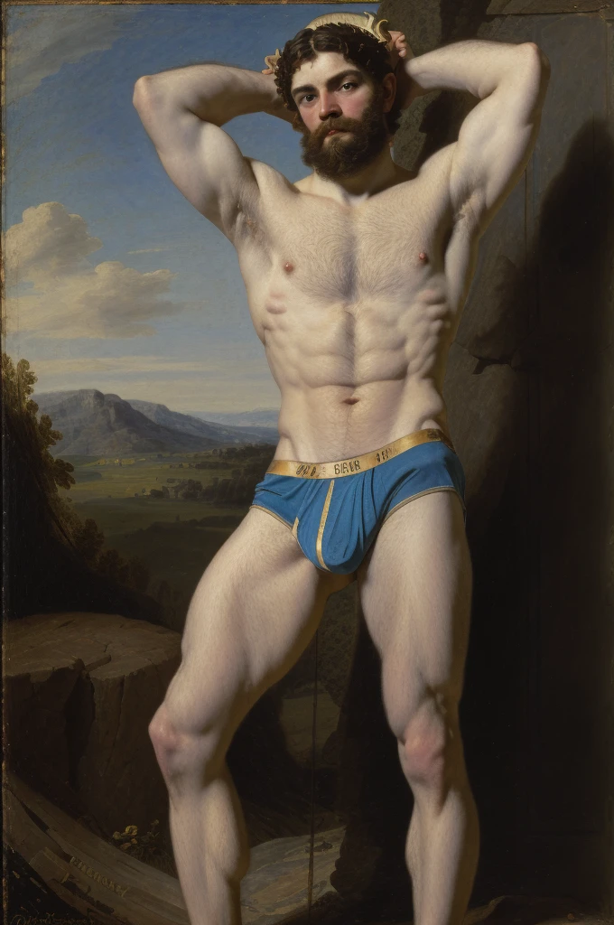 oil painting, full body, style of Daniel Gerhartz, ((a Male satyr)), chest, abs, slim waist, hairy , standing vpl, navel, shirtless, underwear, full body shot, classic painting, neoclassic style, regency era, perfect composition, canvas texture, regency style, perfect composition, canvas texture, landscape background