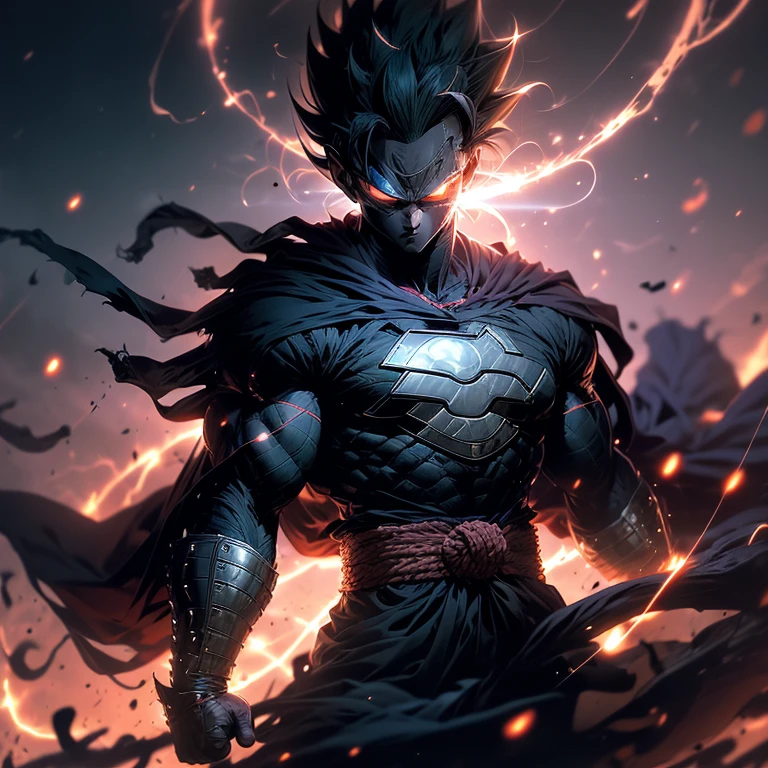 Vegeta, once a proud Saiyan warrior, now wanders the land as a Ronin Samurai. Draped in a tattered, dark green kimono, his sharp features are hidden beneath a traditional samurai mask. With his long, spiky green hair tied back, he cuts an imposing figure. His piercing green eyes, now filled with a sense of longing and determination, scan the horizon. Clasping a sharp, curved sword in his hand, Vegeta embarks on a new journey, seeking redemption and purpose in this peaceful, yet unforgiving world.