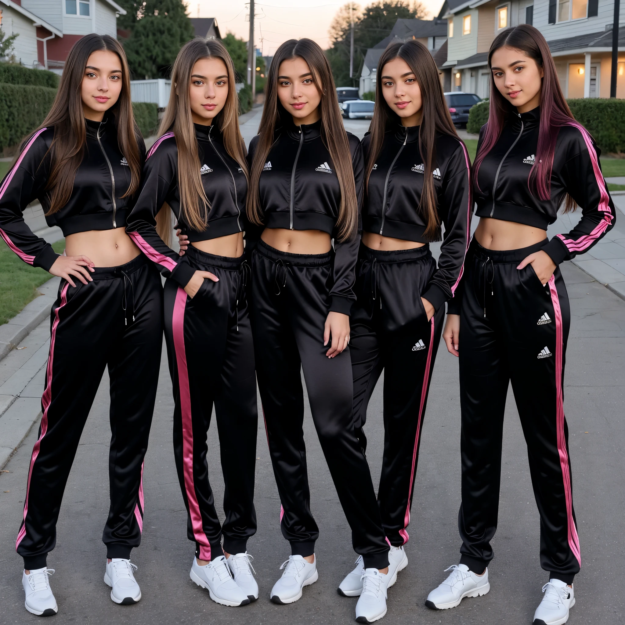 two beautiful young 21 year old women named Janet, Hanna and Brenda, hands on hips, beautiful eyes, pretty face, detailed eyes, perfect eyes, (very long hair, mix of hair styles), (mix of hair colors), (shiny dark color satin tracksuits with stripe trim), belly visible, smiling, looking into camera, low light, neighborhood yard in background