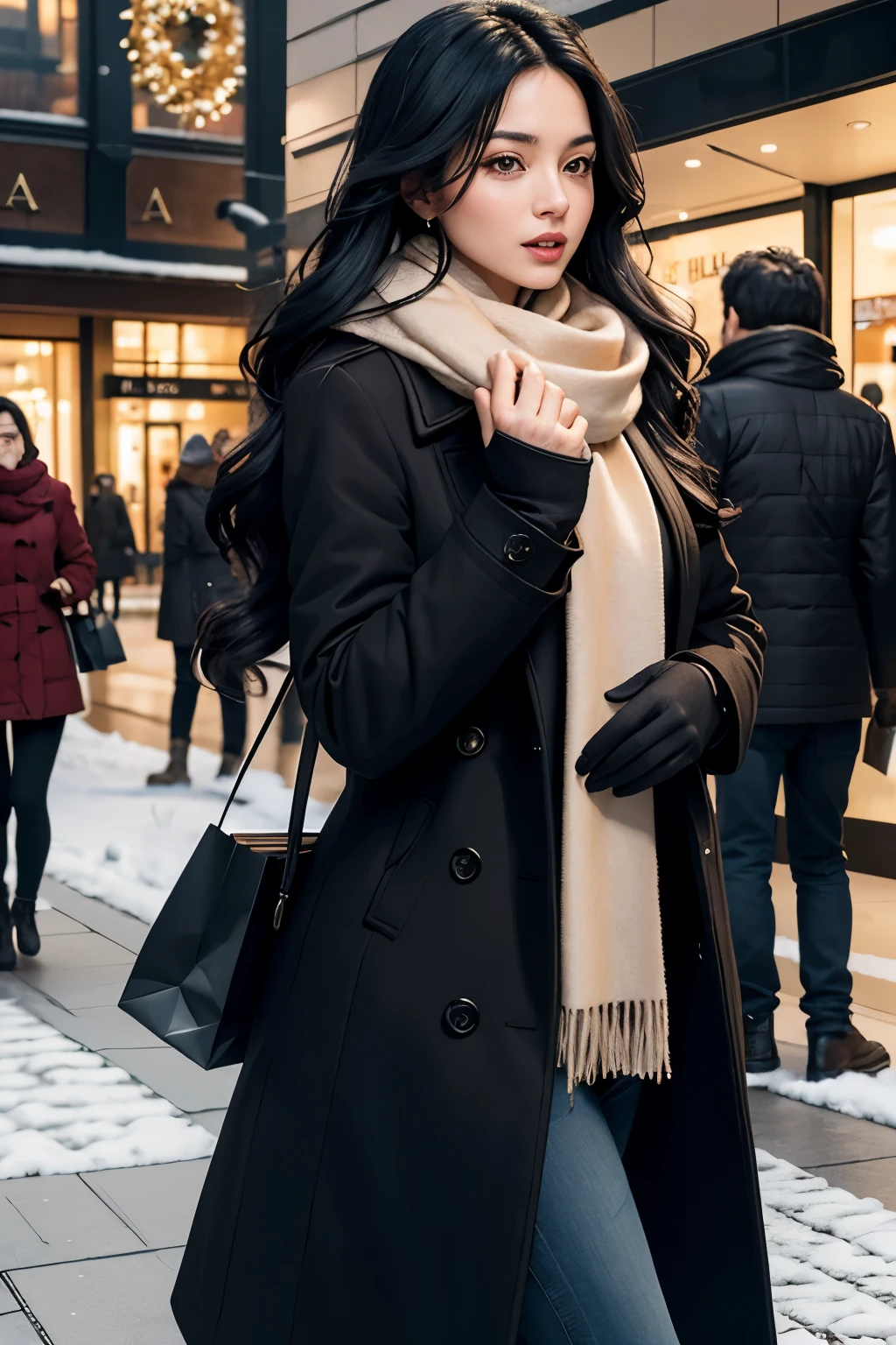Masterpiece, top image quality, high resolution, 1 beautiful woman, heartbeat quickening, long black hair cascading down her back, winter fashion, wrapped in a thick coat, scarf around her neck, gloves covering her hands, shopping at the mall, the hustle and bustle of the holiday season around her, a sense of excitement and anticipation in her eyes.