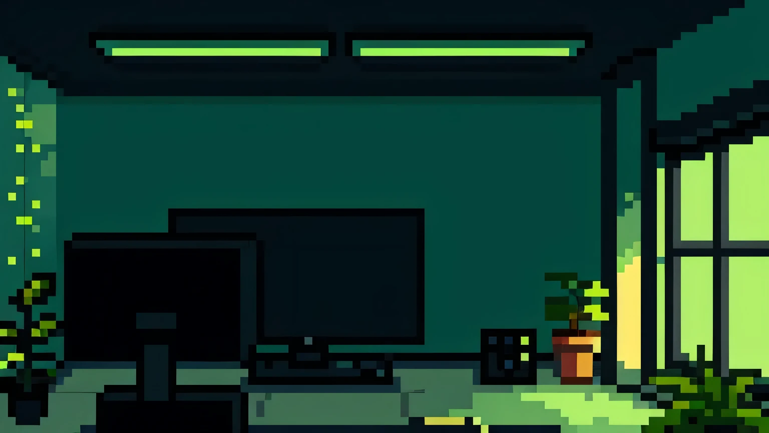 fundo de sala de jogador com luzes e plantas fofas, also a black dog, use pastel colors