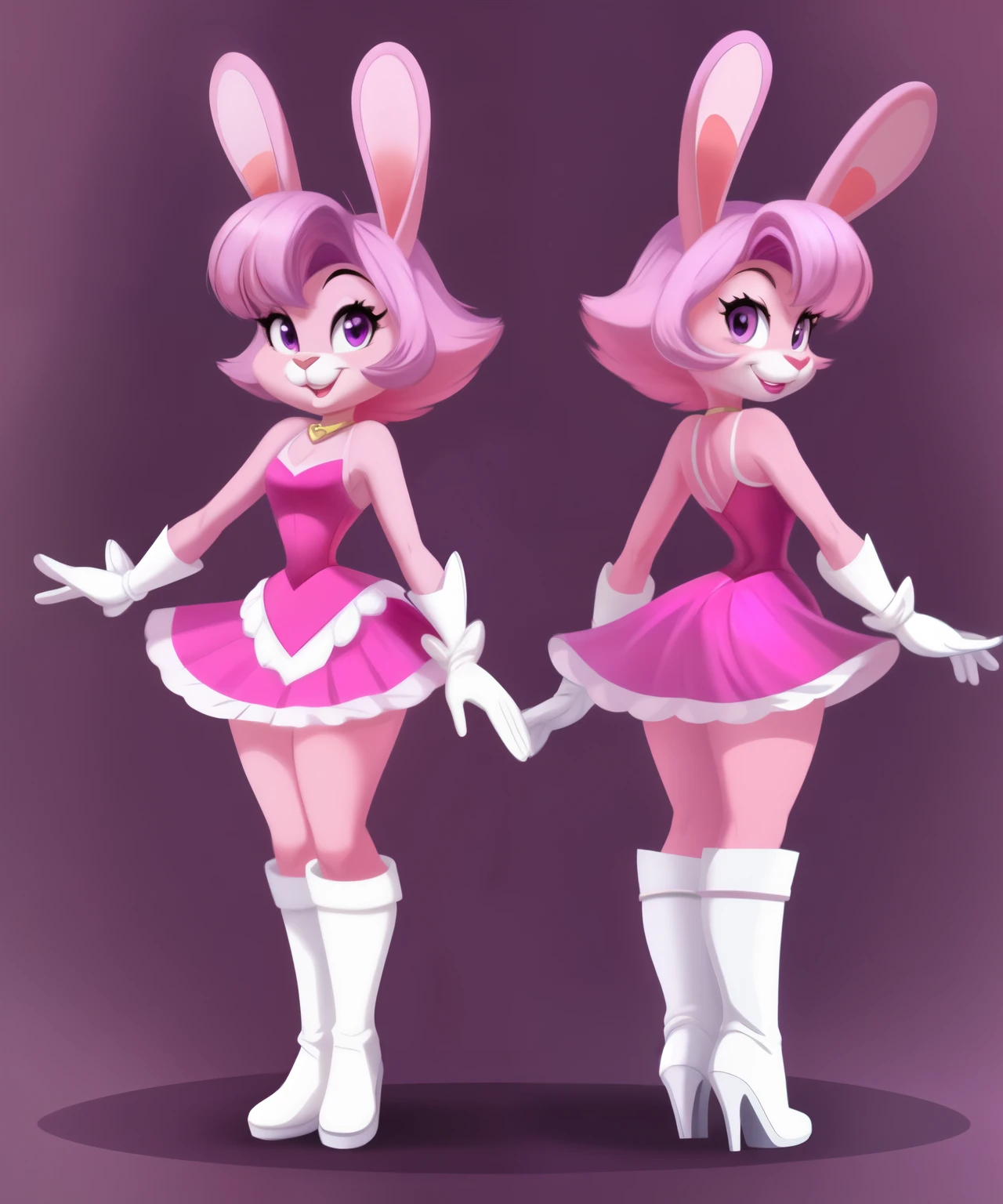 Polibius the female pink rabbit, pink fur, purple eyes, Popstar dress, white long gloves, white boots with hearts on it, light pink lipstick scarlet, purple and pink hair, , Disney cartoon, concept art, full body