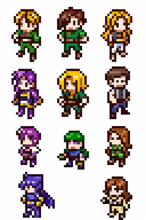 a group of four heroes, videogame sprite, sprite, sprites, 2d sprite, super nintendo sprite, 16-bit pixel, 32 bit-pixel